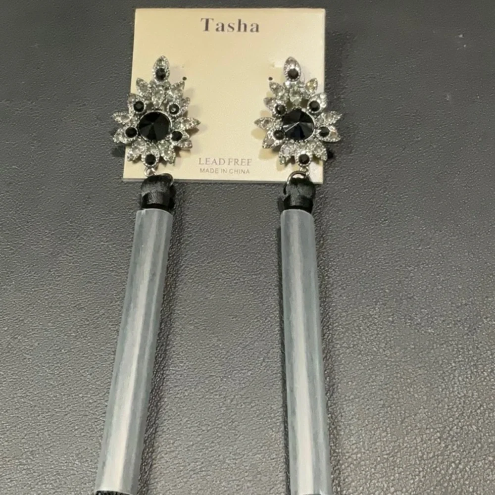Tasha NWT Beaded Rhinestone Earrings with Black Tassels